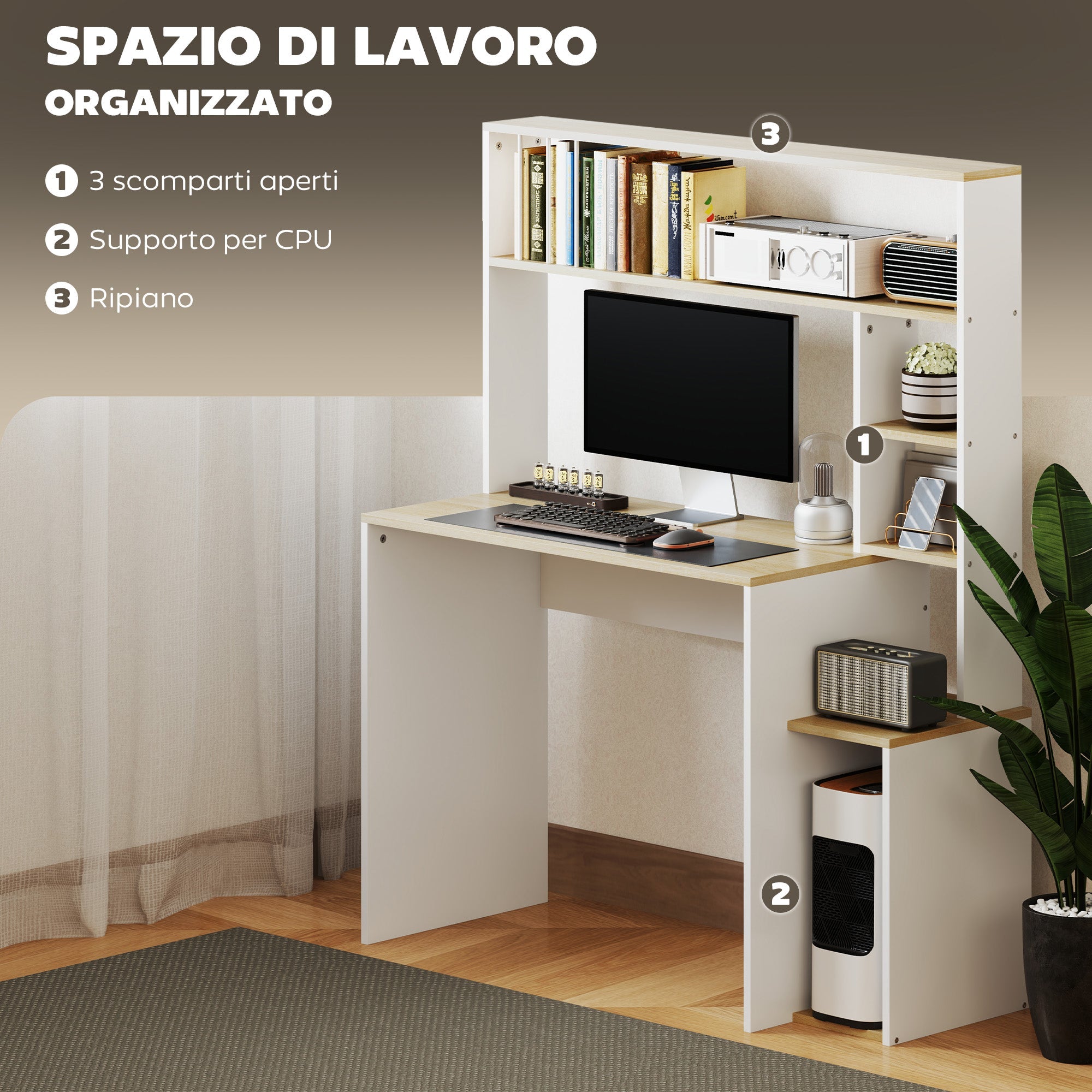 Scrivania per Computer Moderna 113x45x138.5 cm con Libreria e Porta CPU Rovere