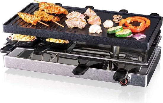 Griglia per raclette 1200W con 8 pannini antiscorrosione, spatola in plastica e zona di riposo non riscaldabile