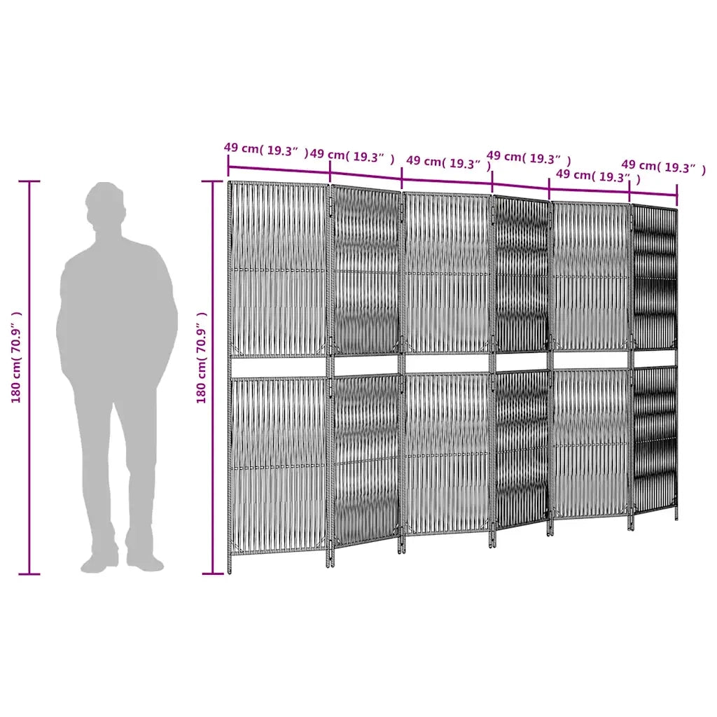 Divisorio per Ambienti | Divider per stanze | Paravento a 6 Pannelli Nero in Polyrattan