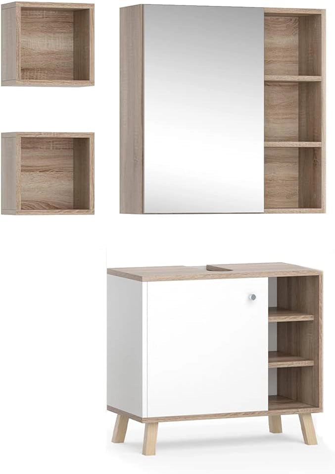 Set mobili bagno Senyo, Bianco, 62 cm, composto da armadietto a specchio, base lavabo, armadio medio e 2 scaffali bagno
