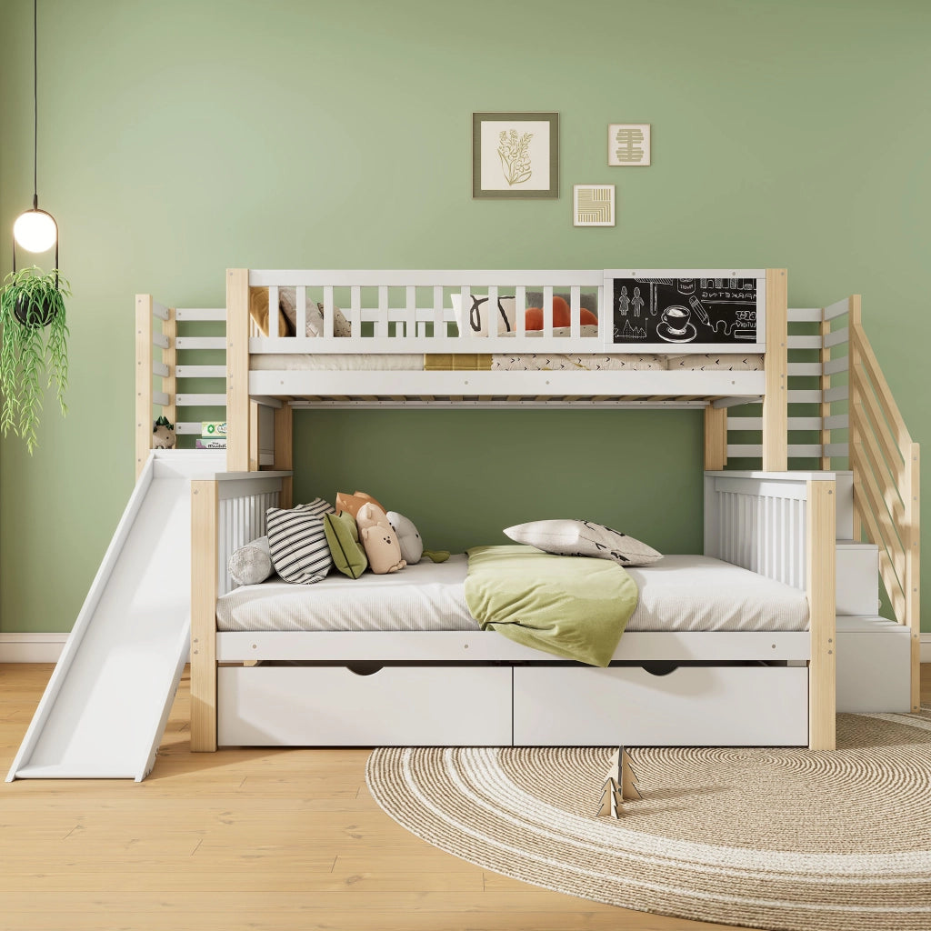 OKWISH Letto a Castello 140×200 cm e 90×200 cm, Letto 3 Posti con Scala Contenitore, Armadio e Scivolo, senza Materasso, Bianco