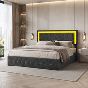 Letto con vano contenitore idraulico 160x200cm, rivestimento velluto nero, testiera trapuntata LED RGB controllabile da telecomando