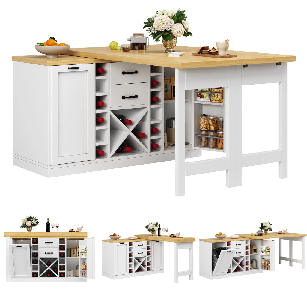 Madia da cucina girevole con 2 cassetti; portabottiglie estraibile e supporto per pattumiera; per cucina; bianco; 120 × 40 × 73.8 cm