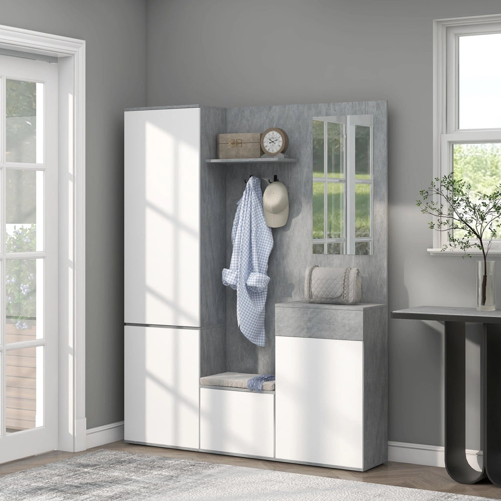 Mobile Guardaroba per Ingresso con Specchio Appendiabiti e Armadio 145x29x184 cm Grigio e Bianco