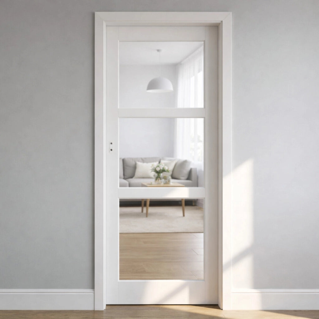 Blocco Porta Kenya Vetri Bianchi Trasparenti H204 x L83 Tavolino Spinta Destro