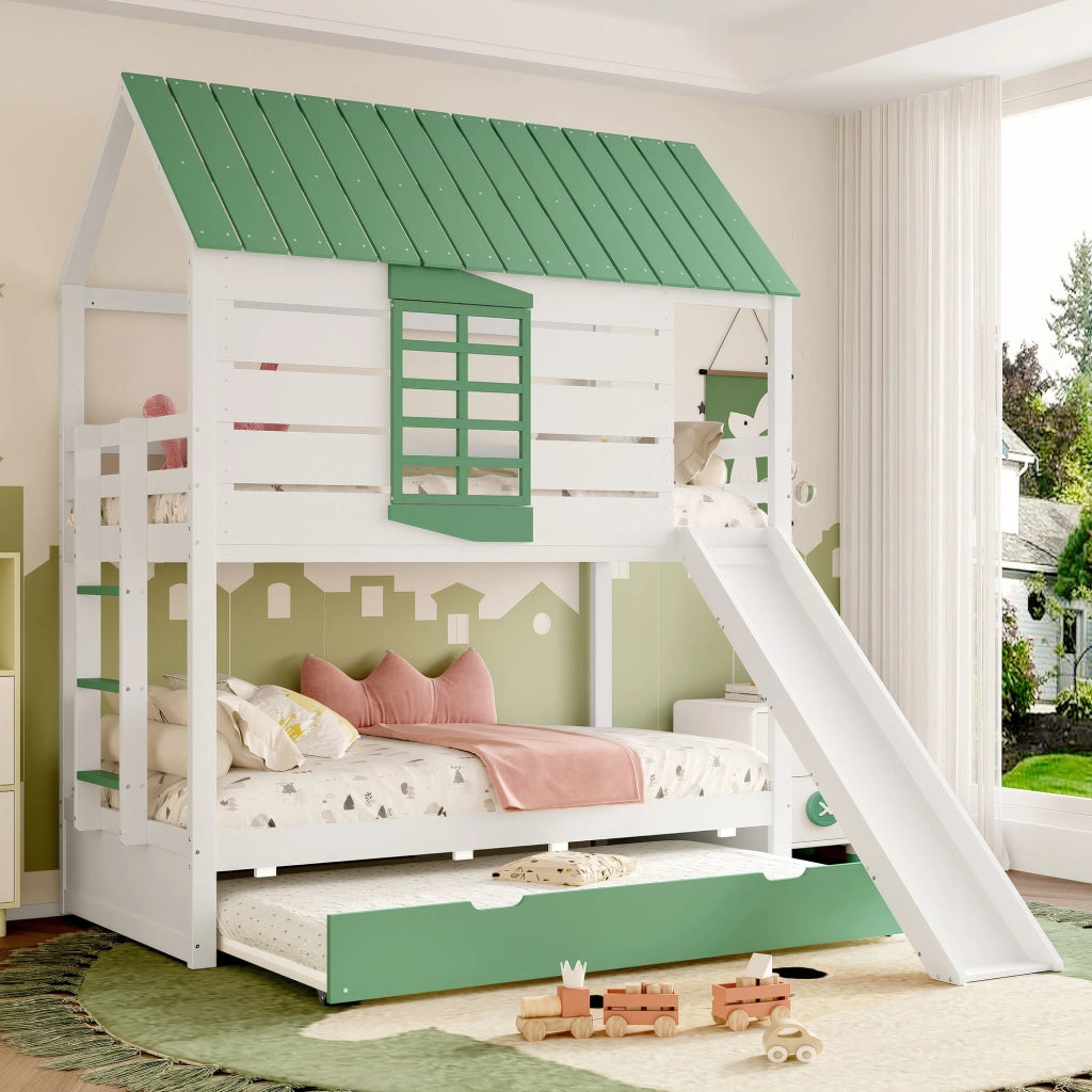 OKWISH Letto a Castello 90×200 cm, Letto Singolo con Scivolo, Letto estraibile, Sponde e Scala, senza Materasso, Bianco Verde