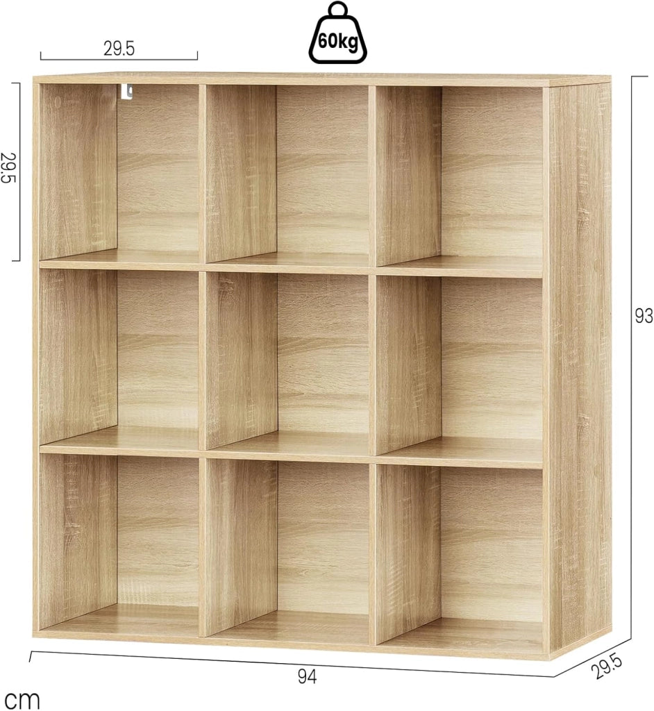 Libreria con 9 Scomparti, Libreria a Giorno, Scaffale a Cubo, Scaffale Divisorio in Piedi, per Ufficio, Soggiorno, Camera da Letto, 94x29,5x93 cm, Rovere Chiaro, SK048hei