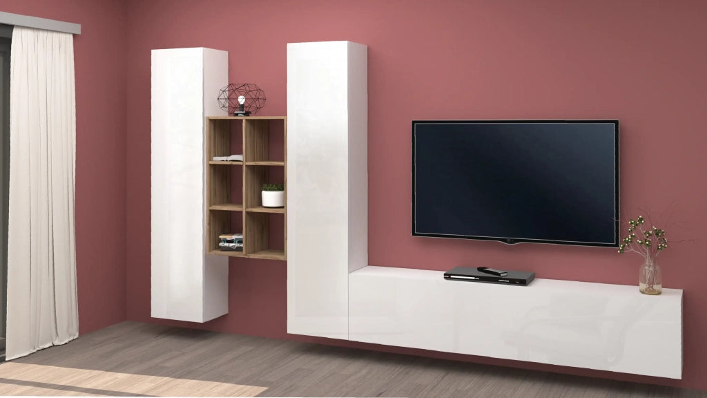 Parete attrezzata TV sospesa bianca libreria in legno 2 armadi Manny WH