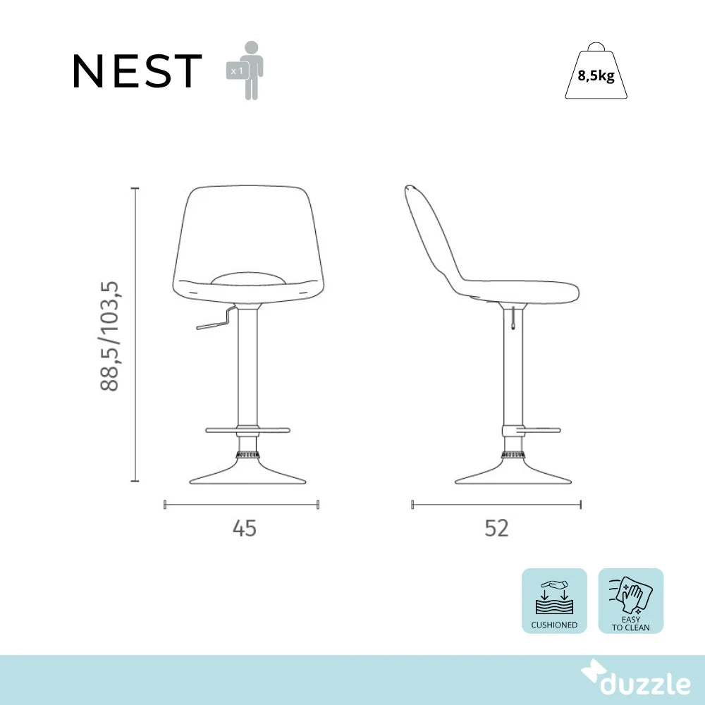 Set di 2 sgabelli da bar e cucina regolabili in altezza in tessuto acquamarina Nest con struttura in metallo e poggiapiedi | Duzzle