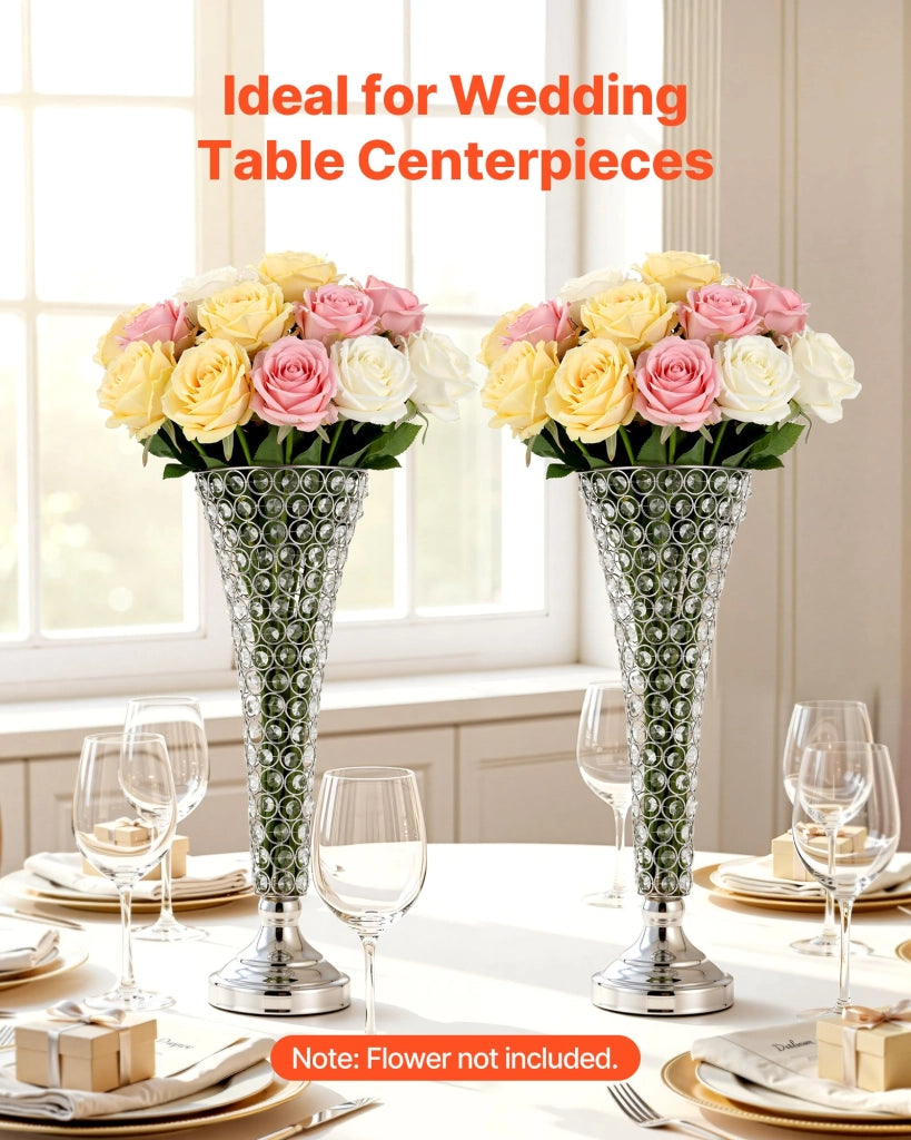Vasi Decorativi Centrotavola in Metallo e Cristallo, Altezza 51 cm, Set da 4 Pezzi Portafiori Argento per Feste e Banchetti