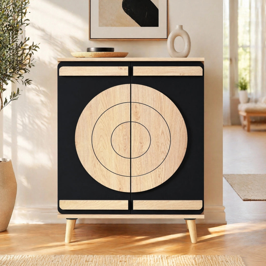 Scarpiera moderna con ante geometriche rotonde; 76 x 37 x 98;5 cm; nero in MDF