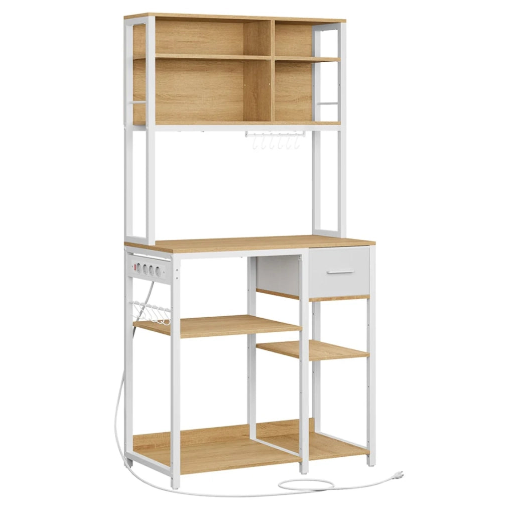 Mensola da cucina con multipresa bar con ripiani regolabili cassetto in tessuto 12 ganci 40 x 80 x 1804 cm supporto per microonde bianco 12_0005658