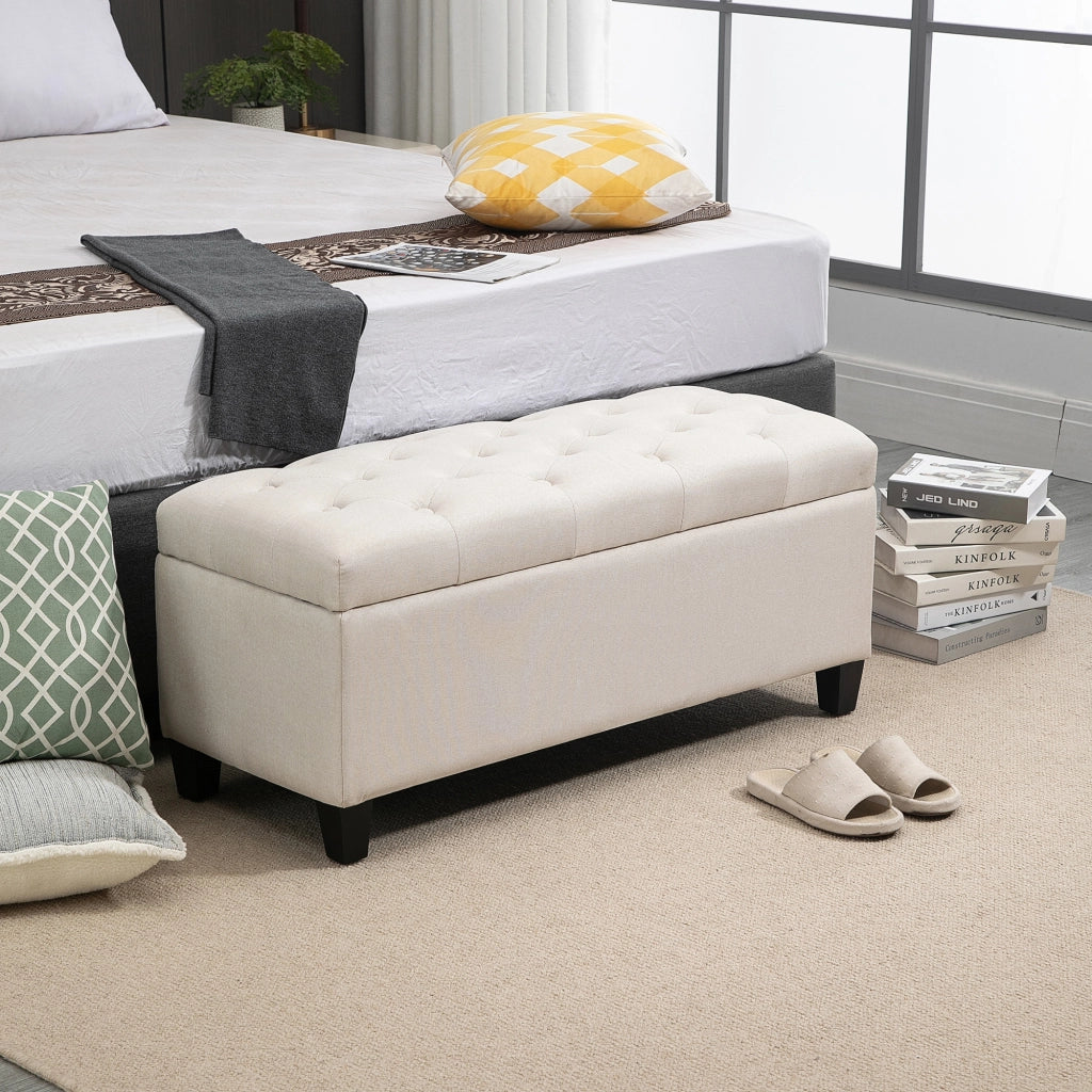 Panca con contenitore per ingresso ¨C Xylo ¨C lino beige crema con gambe in legno 100x40x44 cm