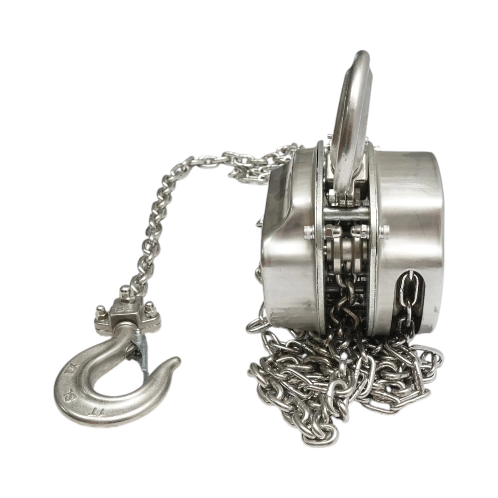 Paranco manuale in acciaio inox con catena da 3 m, portata massima 1000 kg, gancio di sicurezza. Breckner Germany