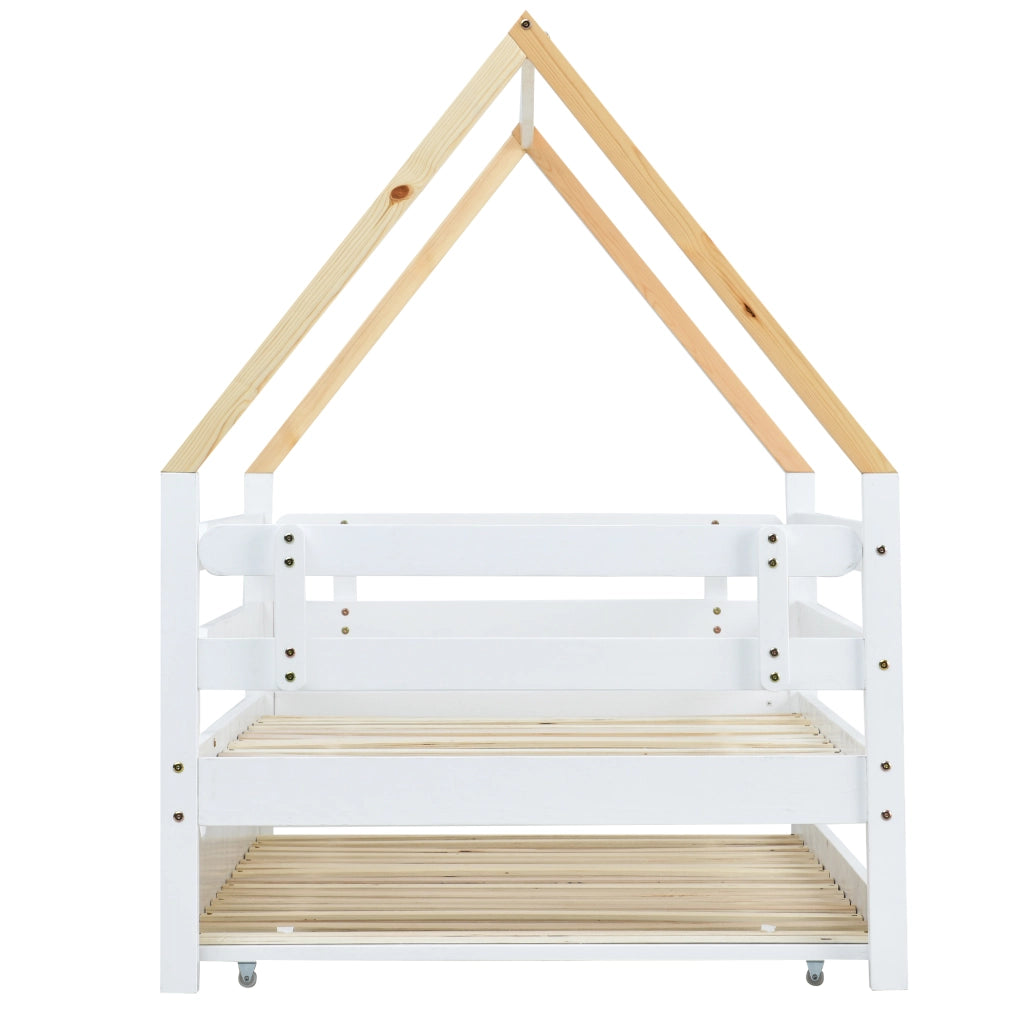 Letto Casetta 90 x 200 cm - Estraibile con Rotelle e Sponda - Legno - Bianco e Naturale