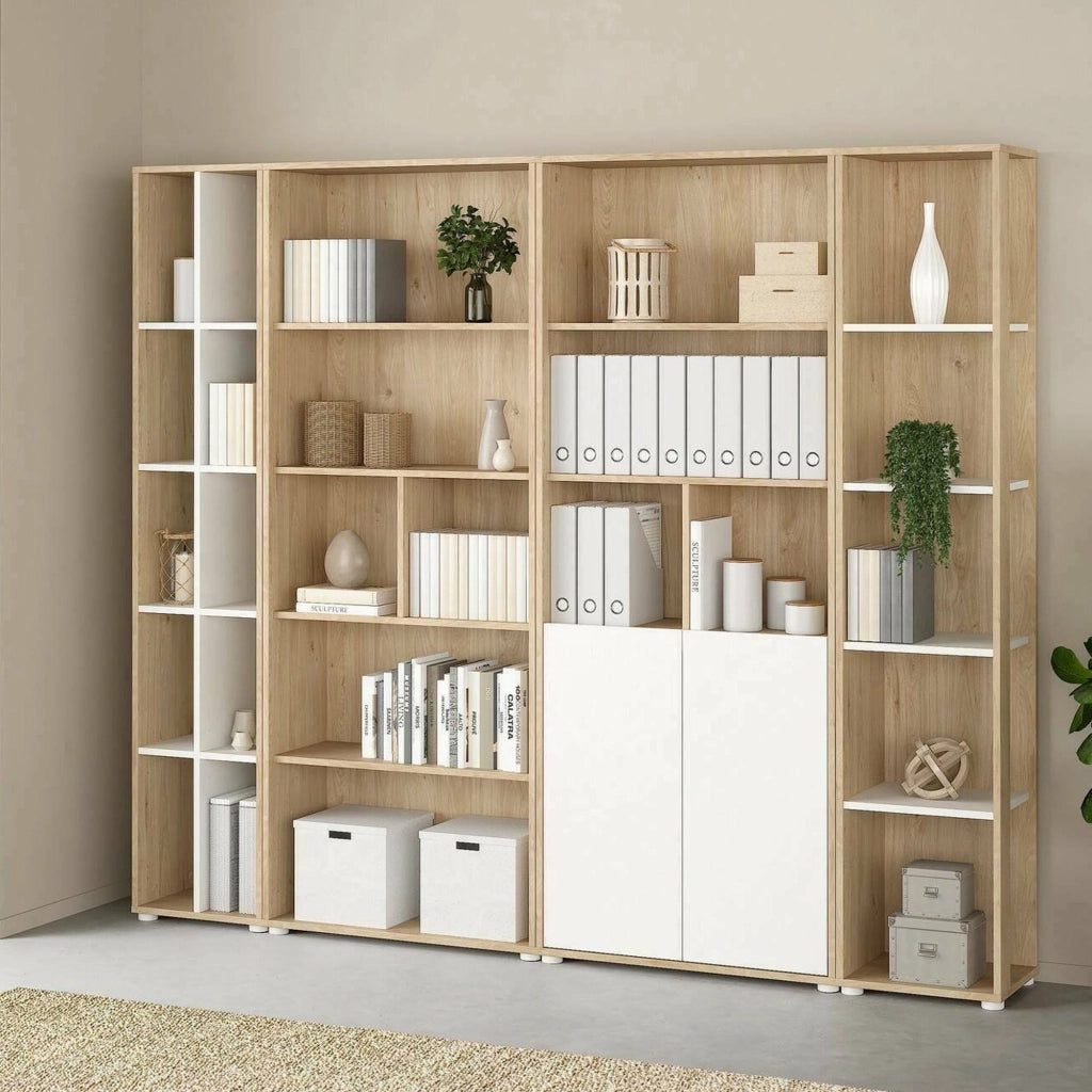 Parete attrezzata Litvjak, Composizione soggiorno, Mobile salotto multiuso, Armadio porta TV, 241x34 h205 cm, Rovere e Bianco