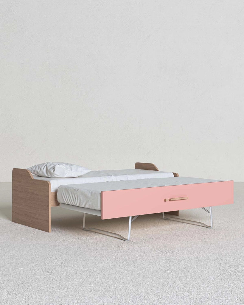 Letto attrezzato Jonny - Letto salvaspazio moderno per cameretta - Struttura virginia con il cassettone del letto rosa- Letto estraibile inferiore - Rete a doghe inclusa e materassi esclusi_