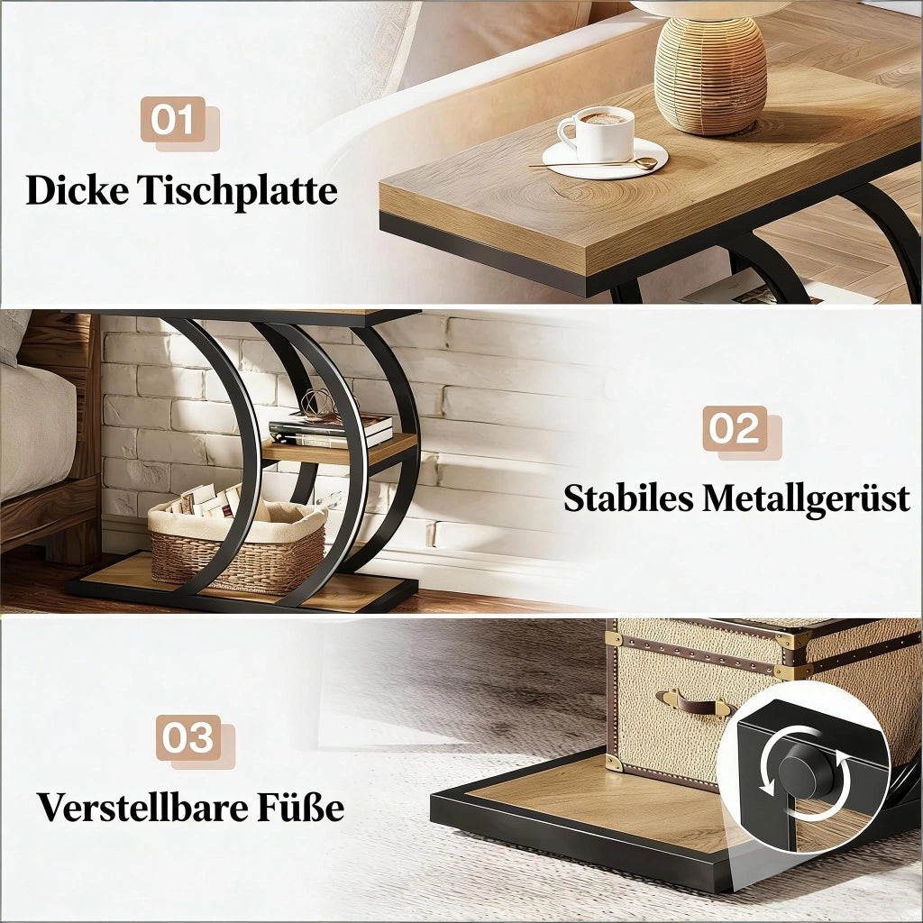 Tavolino basso a C con 3 ripiani in metallo e legno nero e marrone per soggiorno e camera da letto 60 × 30 × 58 cm