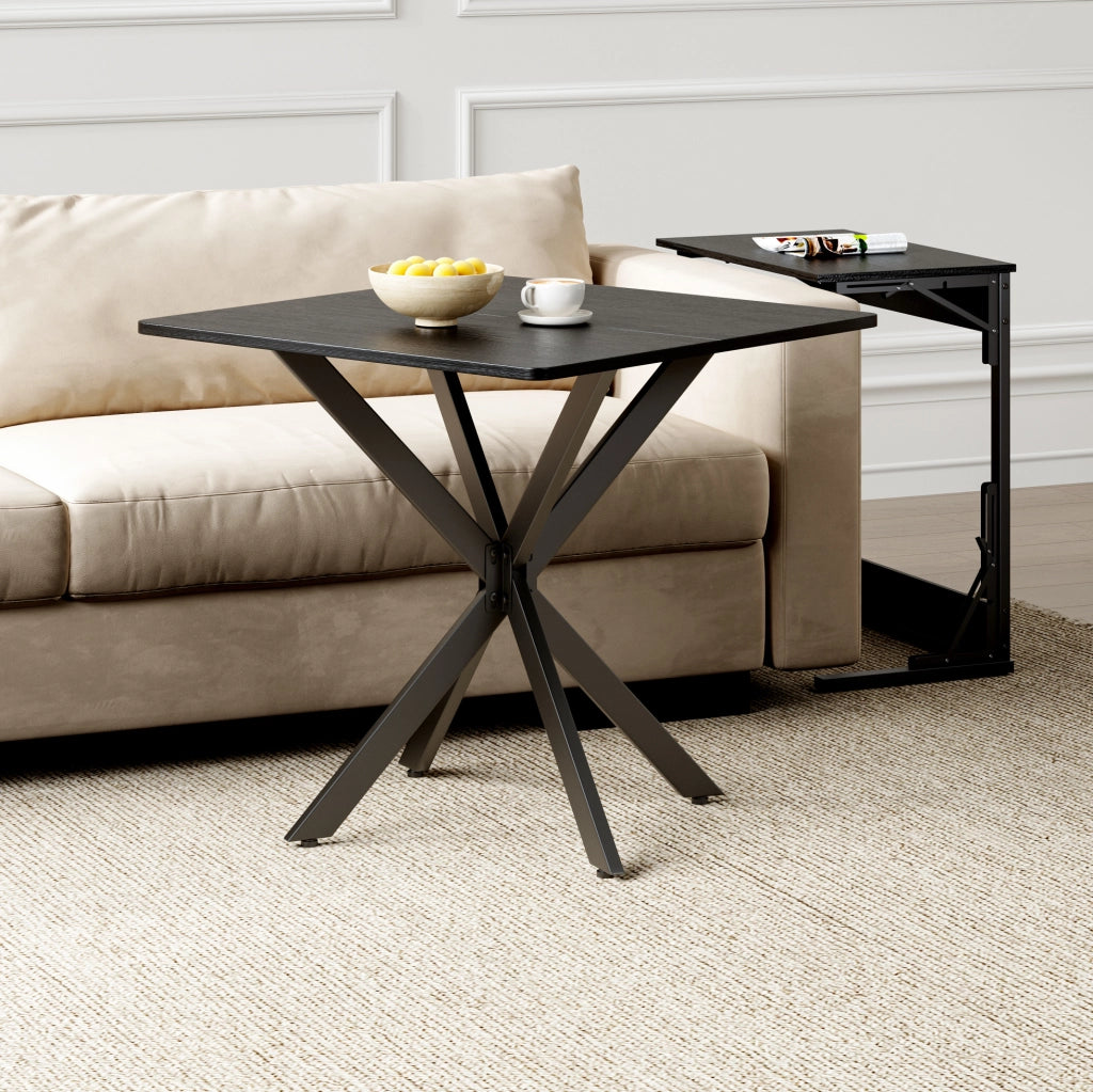 Tavolino 80x80x75 cm; struttura a X stabile; ferro e pannello truciolare; nero
