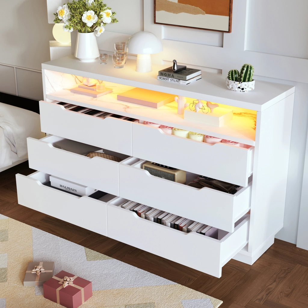 Credenza con 6 Cassetti e LED; Vano Aperto Effetto Marmo; Stile Moderno; in Pannello Truciolare e Metallo; 120??40??85 cm; Bianco
