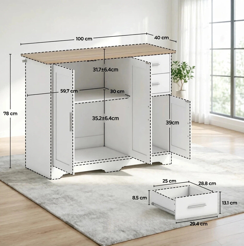 Credenza con 2 cassetti e ripiano regolabile 100x40x78 cm bianco e legno naturale