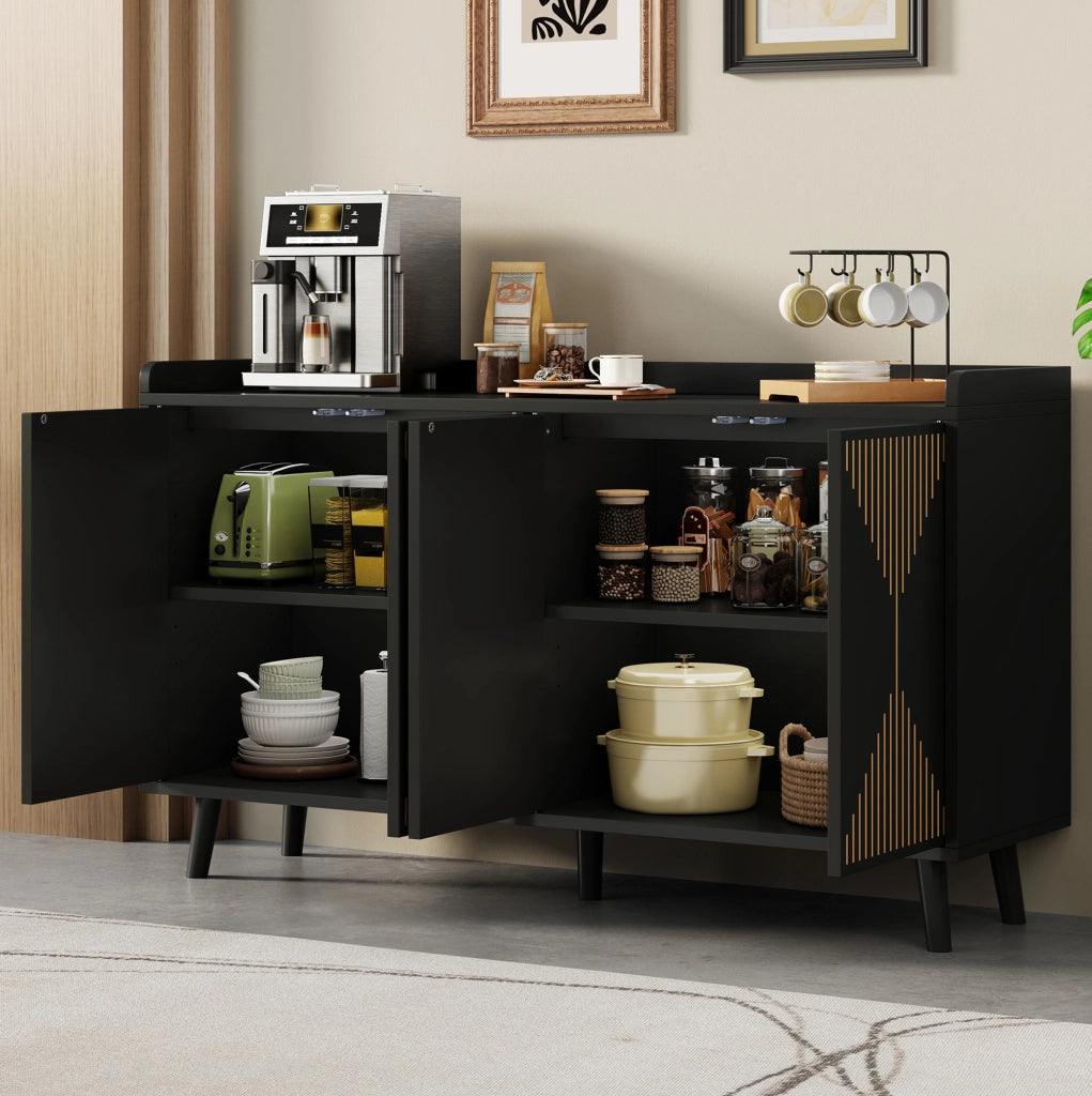 Credenza da cucina con 4 ante e ripiani regolabili 140 x 40 x 84 cm; in MDF nero