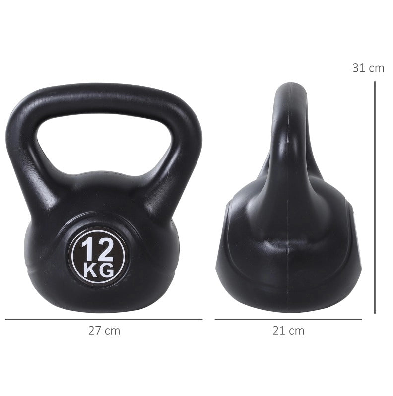 Kettlebell 12 kg con struttura in plastica e riempimento di sabbia, colore nero