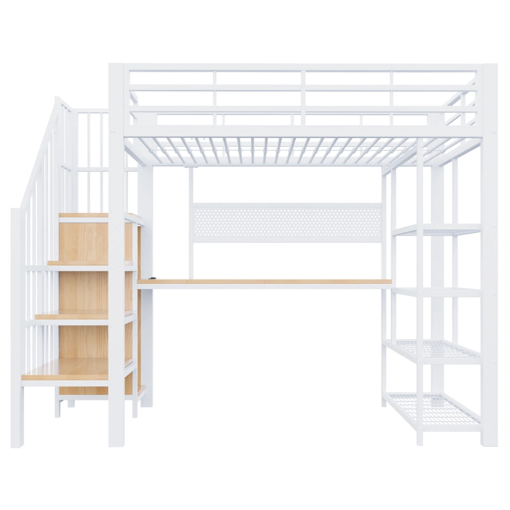 LETTO a soppalco 90 x 200 cm con scala contenitore, LED, prese, bianco