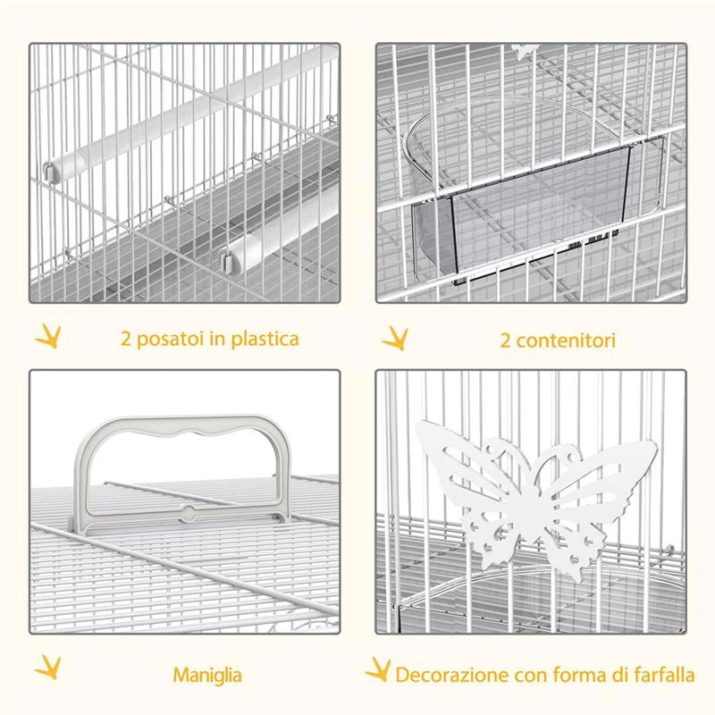 GABBIA PER UCCELLI IN METALLO CON POSATOI, CIOTOLE PER CIBO E MANIGLIA, 60X41X41CM - BIANCO