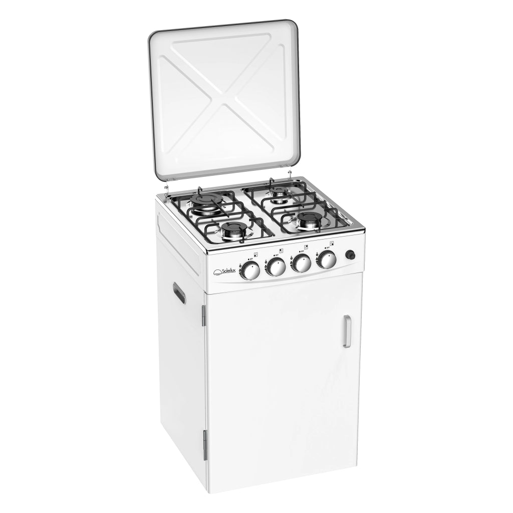SOLEILUX Cucina da Esterno 4 fuochi 50x50cm h85cm con Mobile Portabombola e accensione piezo, Bianco