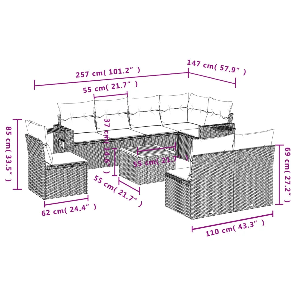 Set Divano da Giardino 9 pz con Cuscini Grigio in Polyrattan 3256935