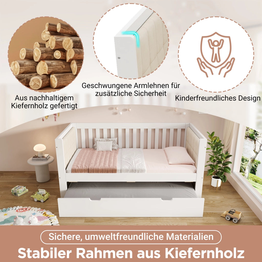 Daybed con letto estraibile 90 × 190 cm, schienale a tre lati, senza materasso, in legno, bianco