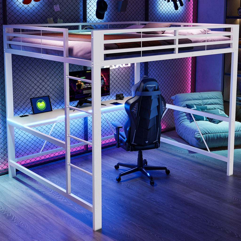 Letto a soppalco gaming 160x200 cm con scrivania e LED; in MDF e metallo; bianco