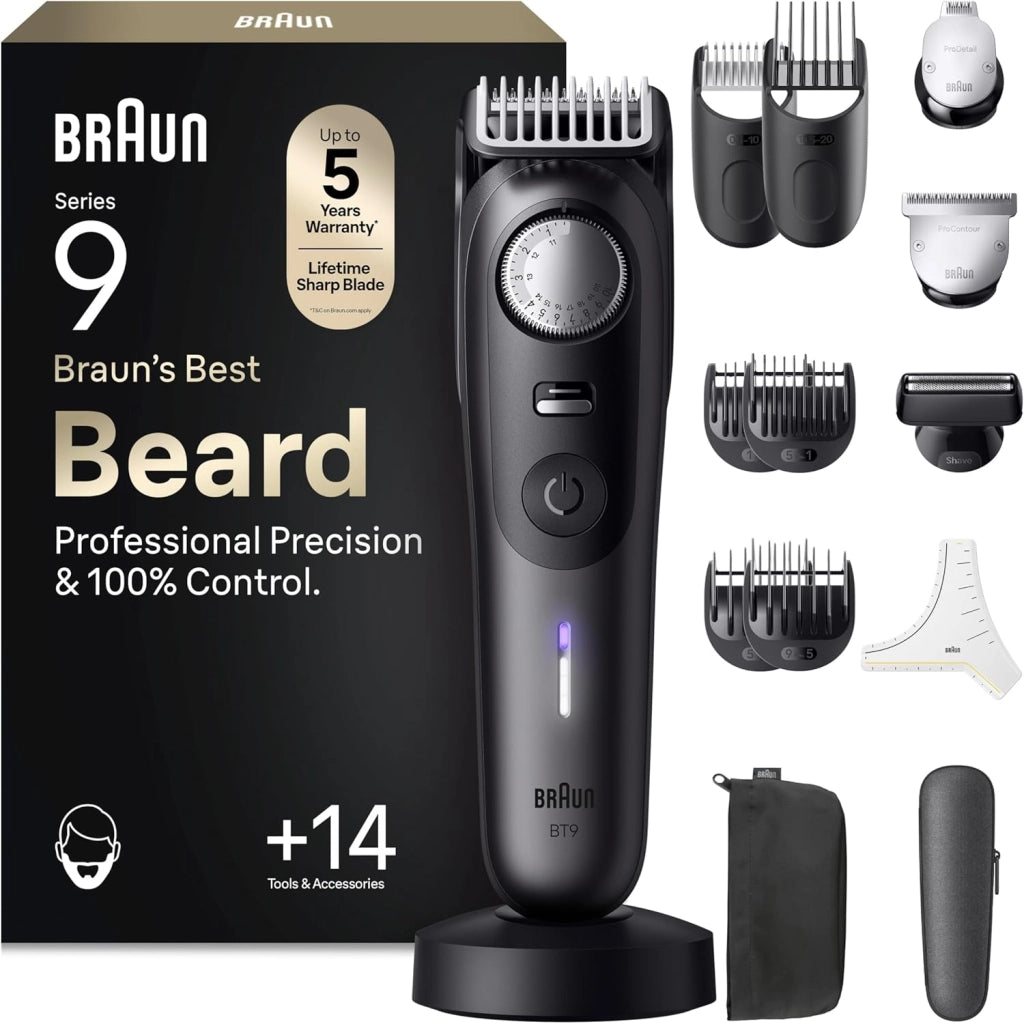 Braun Series 9 RASOIO ELETTRICO BARBA Con lama barba Problade E Strumenti Professionali, REGOLABARBA UOMO 40 Lunghezze, Base Di Ricarica E Custodia Esclusiva, Idea Regalo, BT9440 Grigio