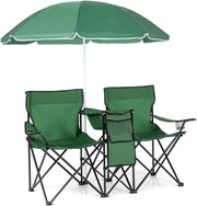 2 Sedie da Campeggio con Ombrellone, Pieghevole Doppia Sedia da Pesca con Portabicchieri e Borsa Frigo, Sedia Pieghevole per 2 Persone, 4 Colori (Verde)