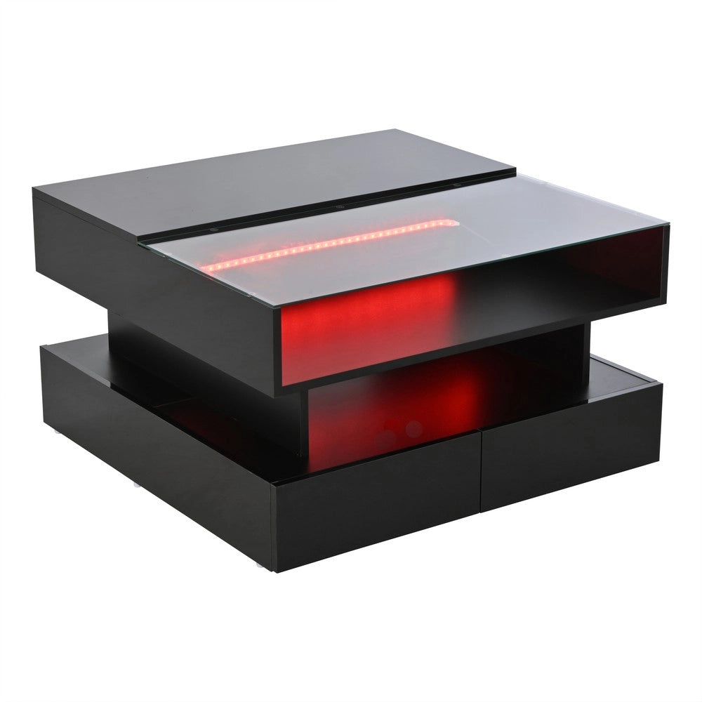Tavolino da Caff¨¨ con LED e 2 Cassetti ¨C MINIMAL ¨C Vetro Temperato, Nero, 80x80x45