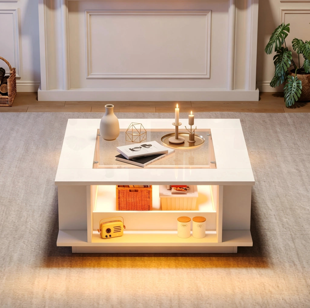 Tavolino da salotto quadrato 70x70x30 cm bianco lucido con piano in vetro e LED