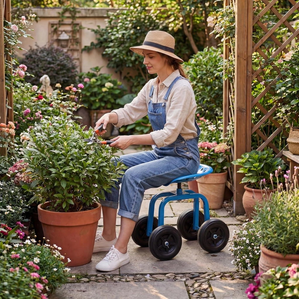 Sgabello con Ruote per Giardinaggio, Sedile con Ruote Regolabile in Altezza e Portatile, Seggiolino da Giardino, Prato e Cortile, Portata 150kg (Blu)