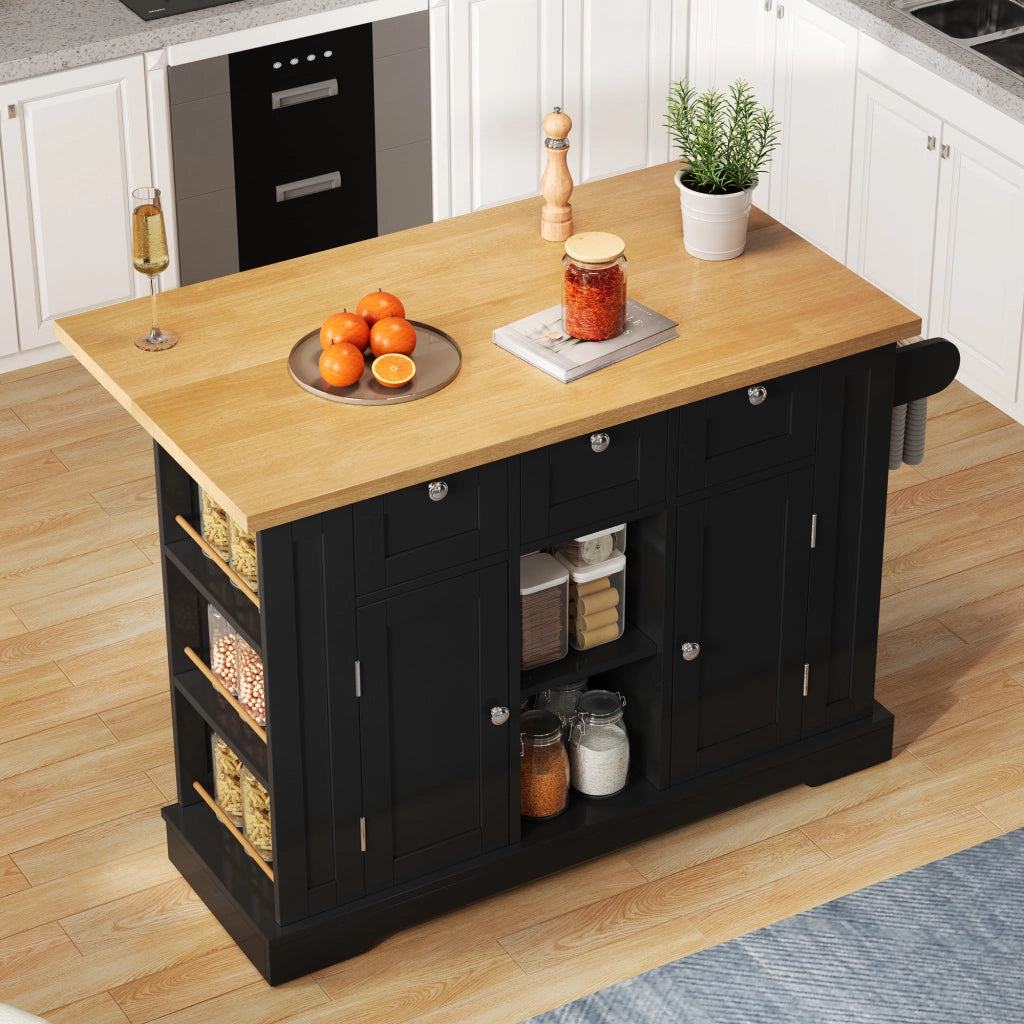 Carrello da cucina con piano ribaltabile e ruote, 3 cassetti, 2 vani con ante, per cucina, in MDF, natural e nero