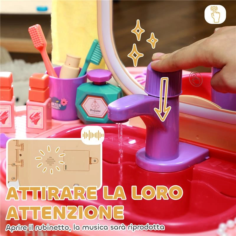 TAVOLO TOELETTA PER BAMBINE 3-6 ANNI CON SPECCHIO IN ACRILICO E RUBINETTO, IN PP E GPPS, 55X29X71 CM, ROSA