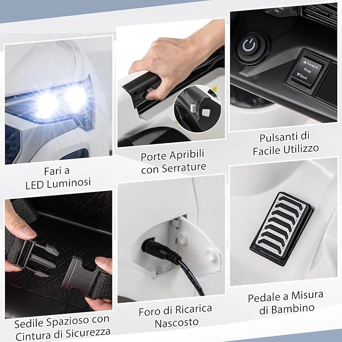 12V Audi Auto Elettrica per Bambini, Veicolo Elettrico con Telecomando Clacson Luci LED Musica, 3 Velocità 3-5 Km/h, Avvio Morbido, Auto per Bambini 3 Anni+ (Bianco)