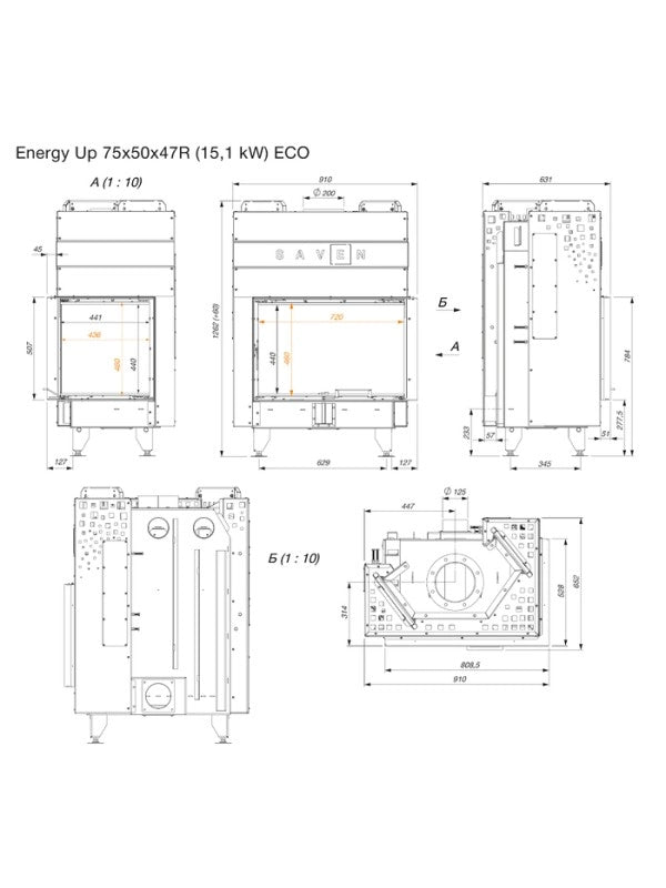 Caminetto ad angolo Inserto Apertura destra Energy Up 75x50x47 (15,1 kW) ECO