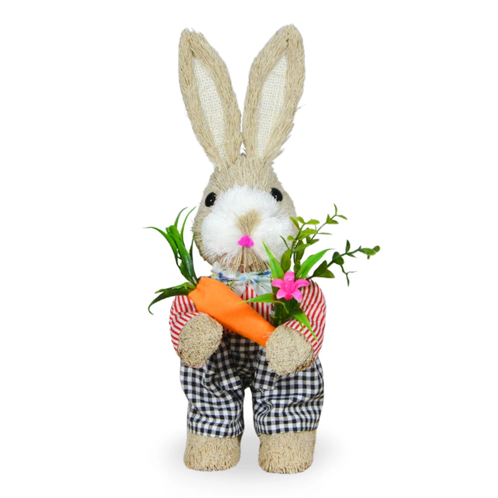 Coppia coniglietti di campagna decorativi con salopette e vestitino h 35 cm