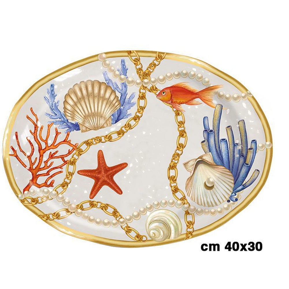 Trade Shop - Vassoio Centrotavola Ovale Con Conchiglie E Coralli In Stile Marino 40x30 Cm -