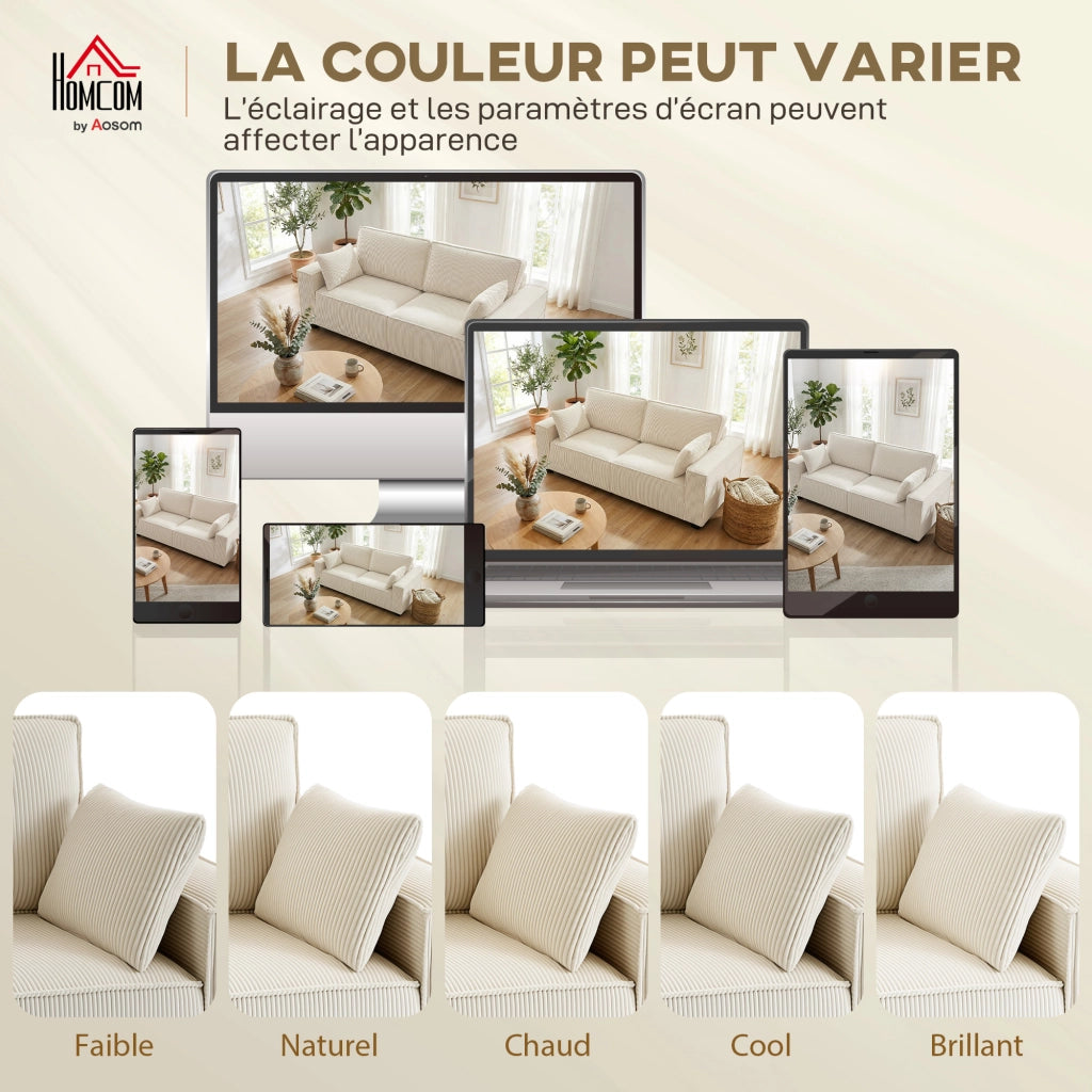 Divano 3 Posti in Velluto ¨C Zephmum ¨C 218x98x90 cm, Beige, Cuscini a Molle