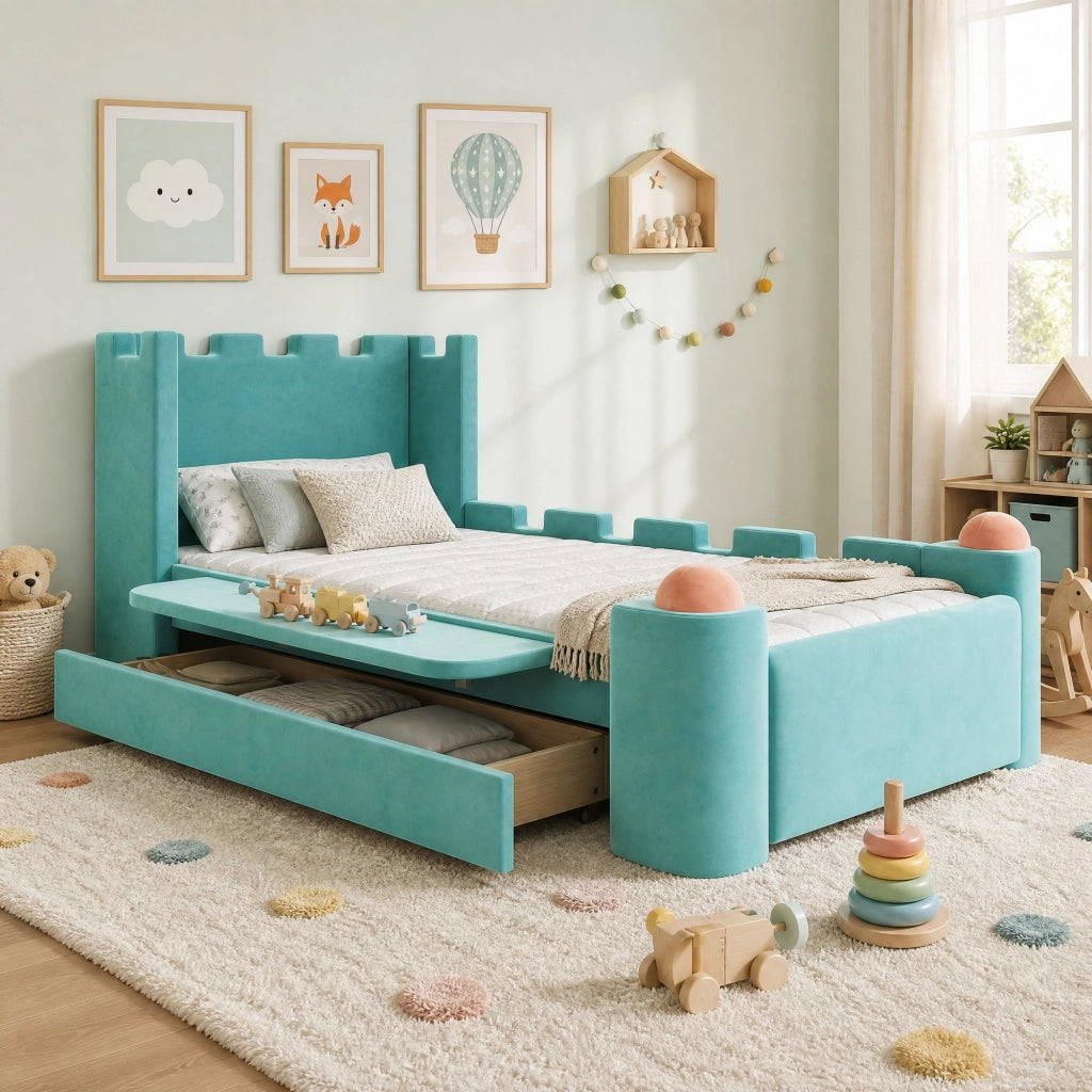 Letto singolo imbottito per bambini 90x200 cm blu-verde
