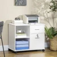 Supporto stampante Organizzatore Mobile da ufficio con 2 cassetti di cui 1 con serratura per formato A4, 86,3L x 40P x 66,5H cm, in Legno Bianco