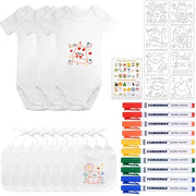 8 pezzi di tessuto bianco per decorare DIY set di tessuto per bimbo con collo di cotone 3 maniche corte corpo 37x19cm con 10 pennelli per tessuto e 8 stencil per dipintura per bambino di 6 mesi decorazione per festa di compleanno bambino