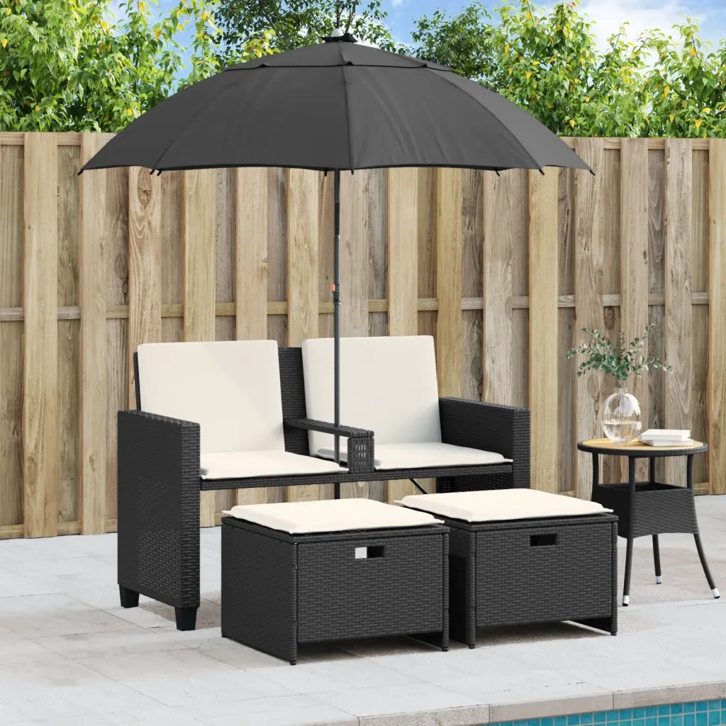 Divano Giardino 2 Posti Ombrellone e Sgabelli Nero Polyrattan