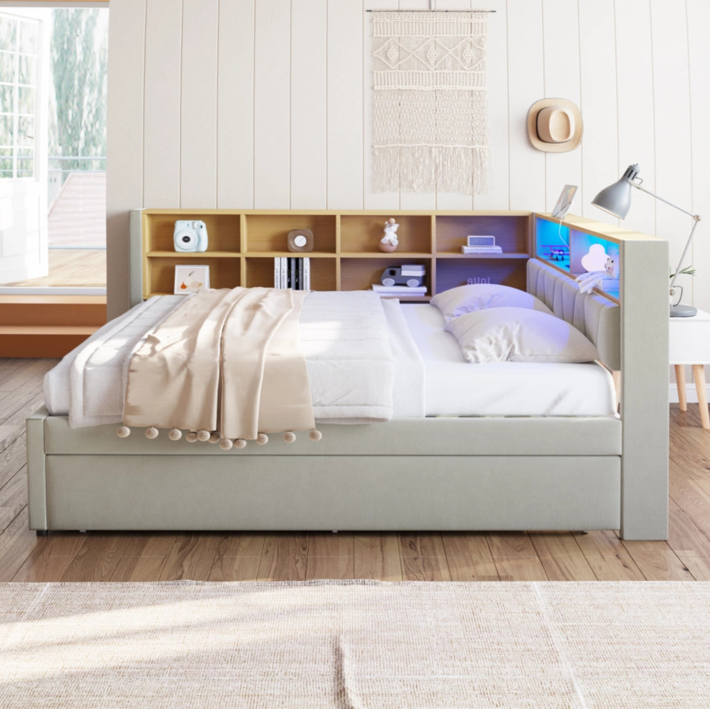 Divano letto multifunzione con letto estraibile, LED e vani contenitivi